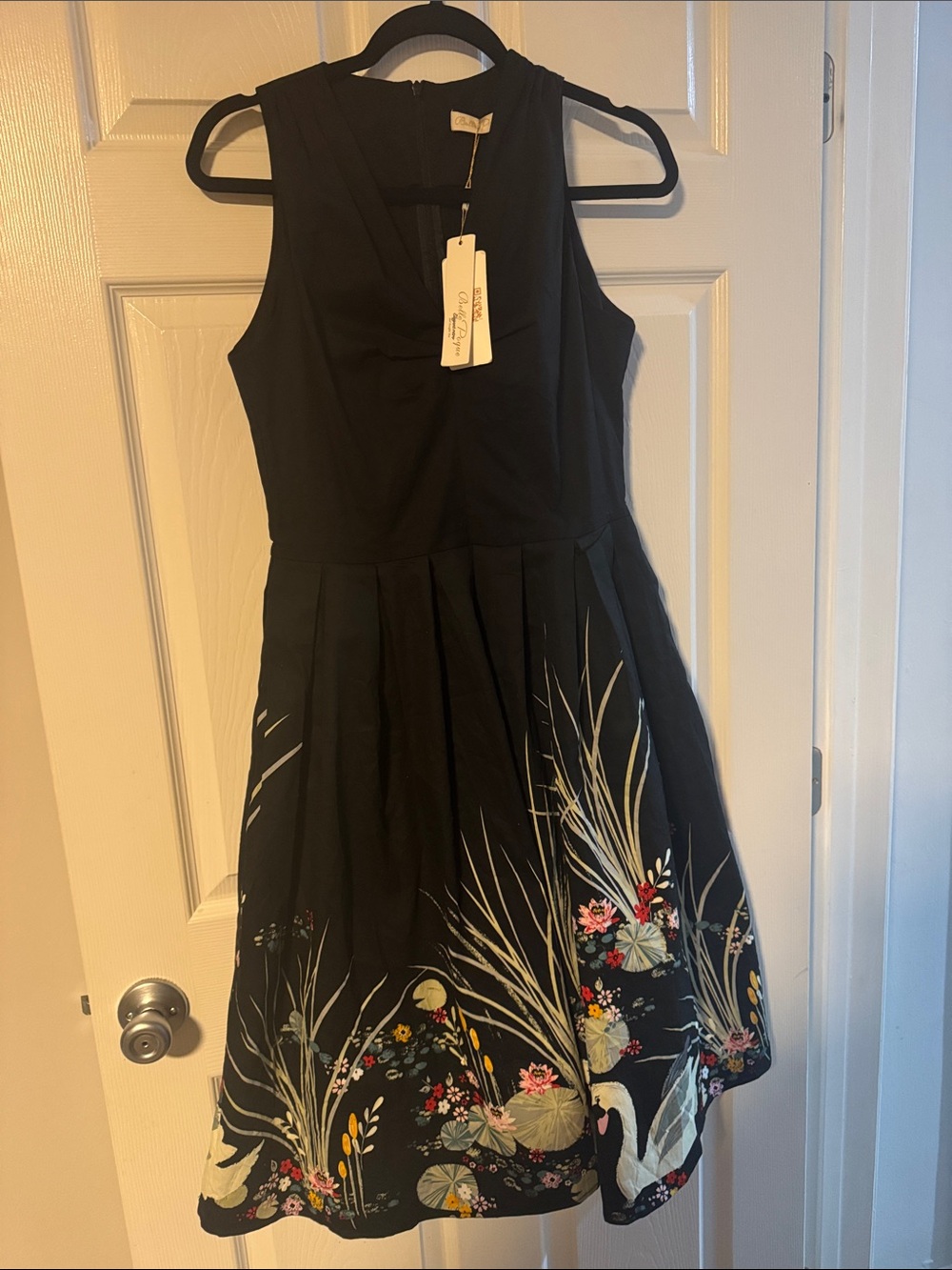 Women’s Black Floral Midi Dress with Swans